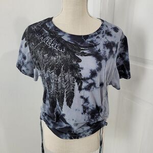 Affliction Top Womens L Gray Tie Dye Cinched Sides Feathers Wing Live Fast Biker